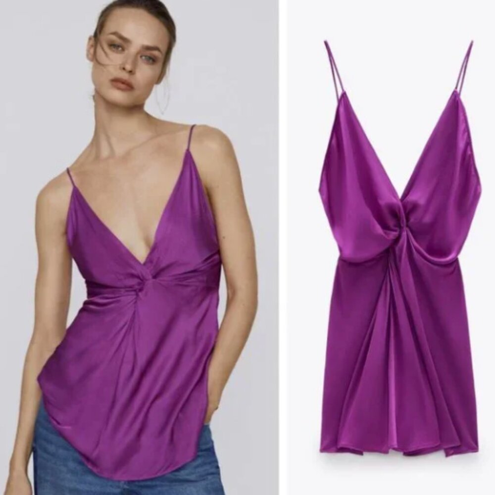 🌟NWT Zara Magenta Purple Satin Knot Twist Front Top